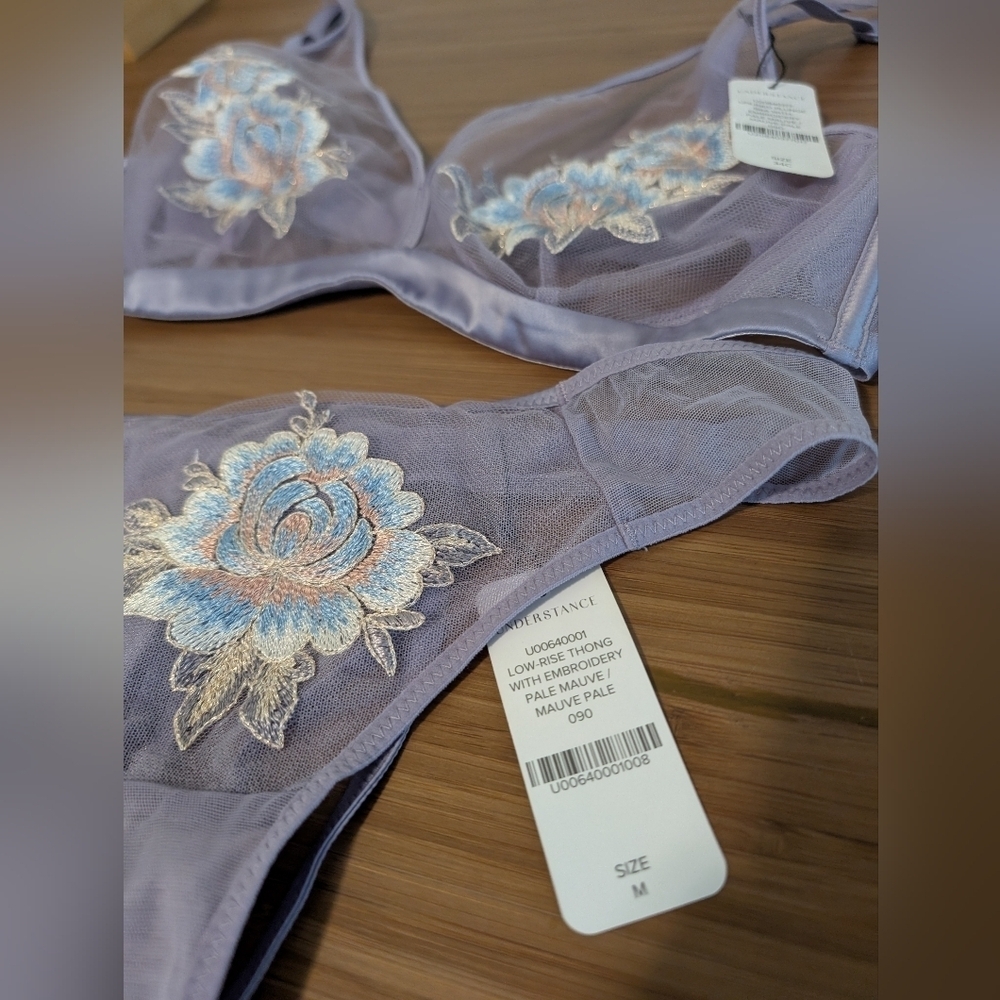 NWT Understance Plunge Unlined Bra Thong Set 34C Medium Mauve Floral Embroidered - Picture 5 of 7